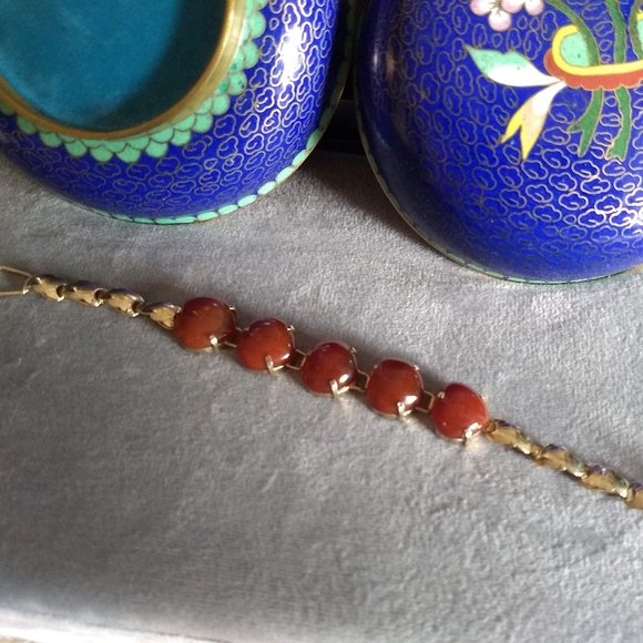 vintage 60s sculptural agate hearts gold links chain bracelet NWOT - Picture 7 of 11